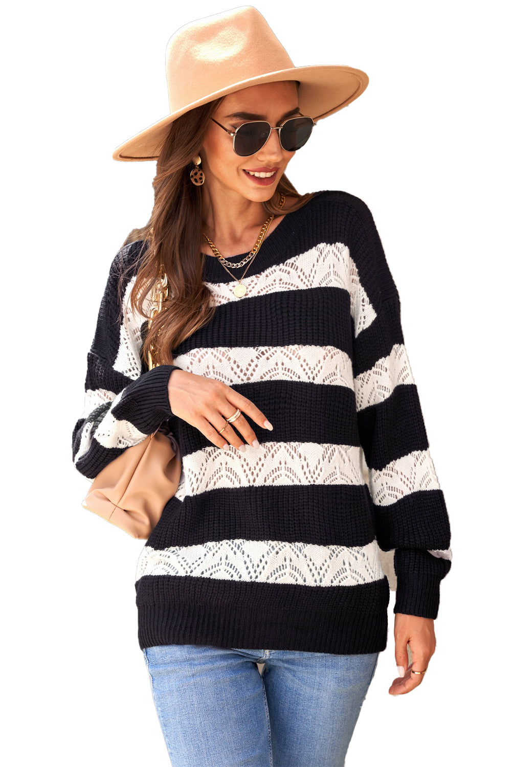 White Striped Colorblock Knit Sweater