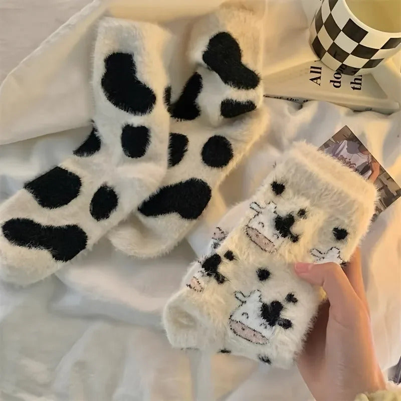 2 Pairs Cute Cow Spots Print Socks, Thickened & Warm Coral Fleece Socks, Women's Stockings & Hosiery