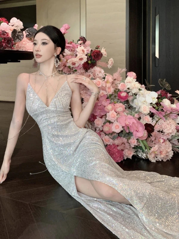 Elegant V-neck Sequin Graduation Dresses Women's Sexy Backless Split Bandage Runway Robe Summer Luxury Formal Occasion Clothes