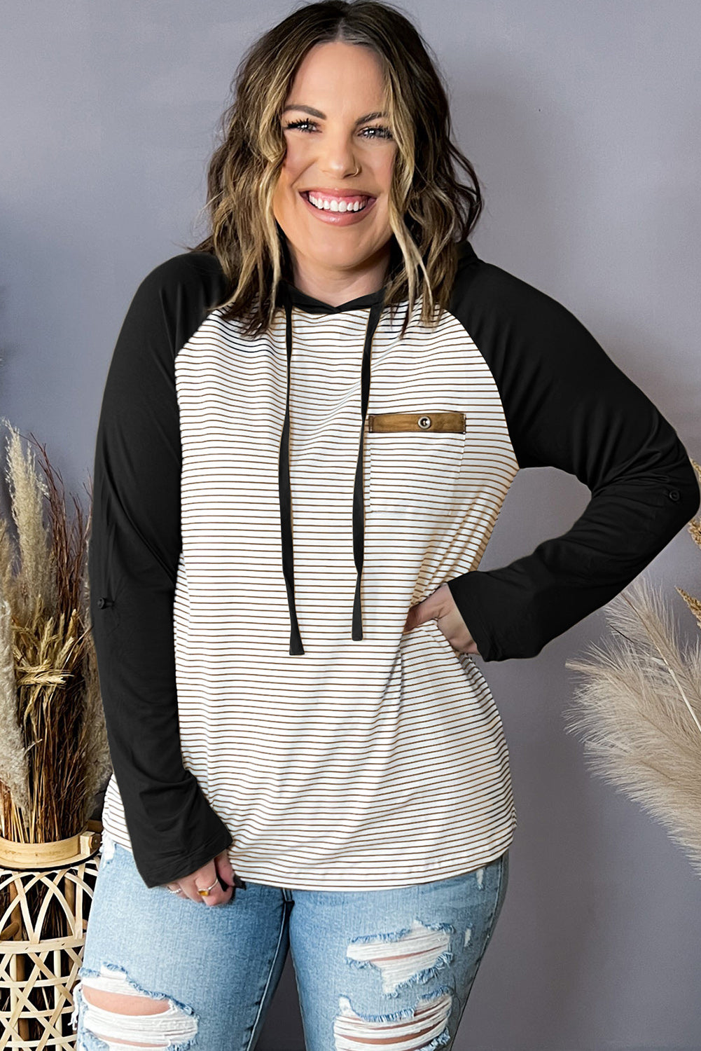 Black Striped Raglan Sleeve Buttoned Pocket Plus Size Hoodie