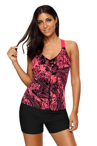 Red Floral Printed Blouson Tankini Top