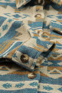 Blue Western Aztec Print Button Flap Pocket Shacket