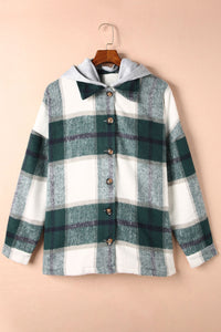 Green Hooded Plaid Button Front Shacket