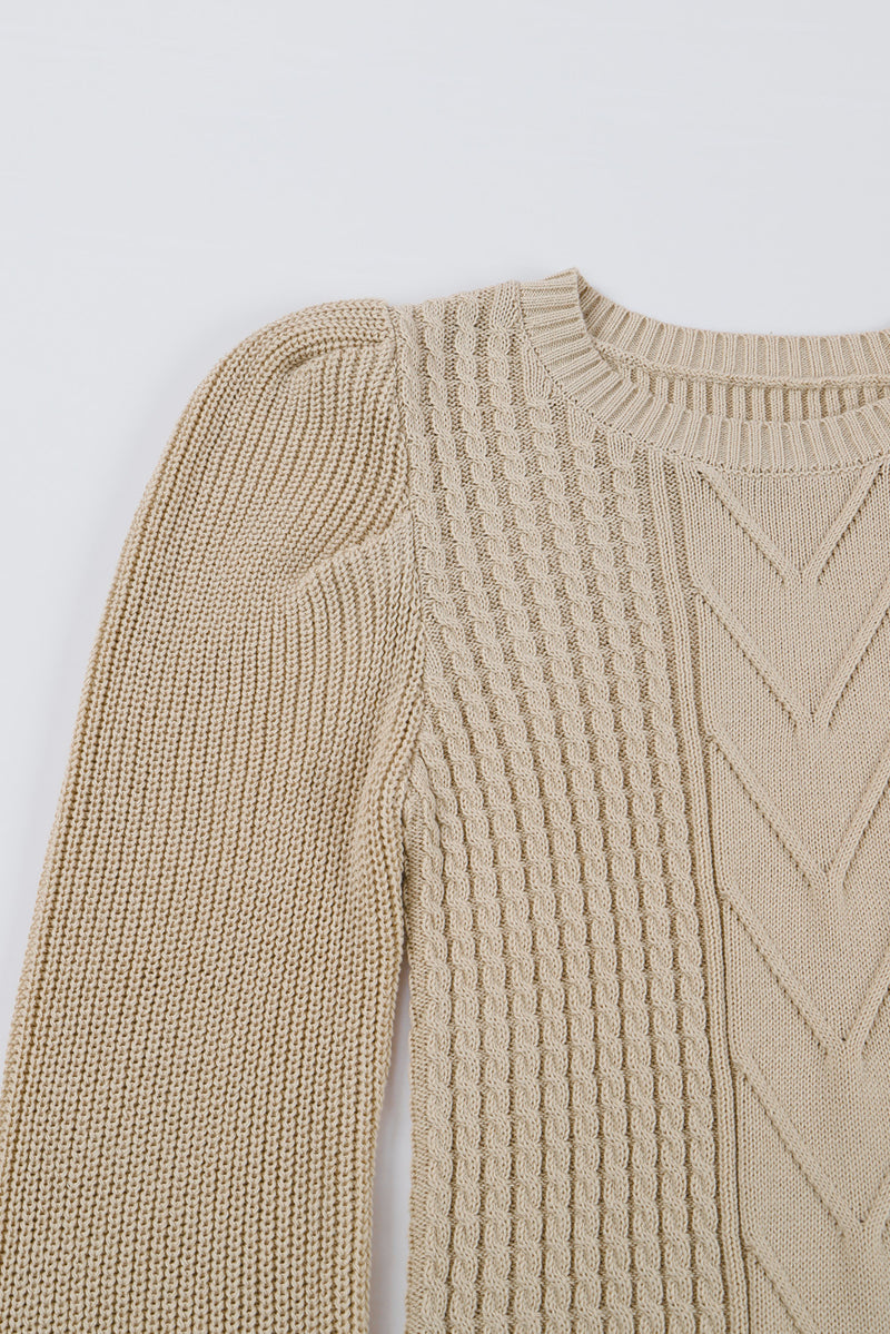 Apricot Cable Ribbed Knit Mix Pattern Puff Sleeve Sweater