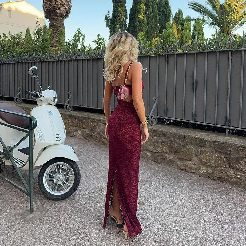 Women Chic Burgundy Lace Back Slit Maxi Dress Sexy Skinny Square Neck Backless Sling Robe 2024 New Lady Elegant Cocktail Dresses