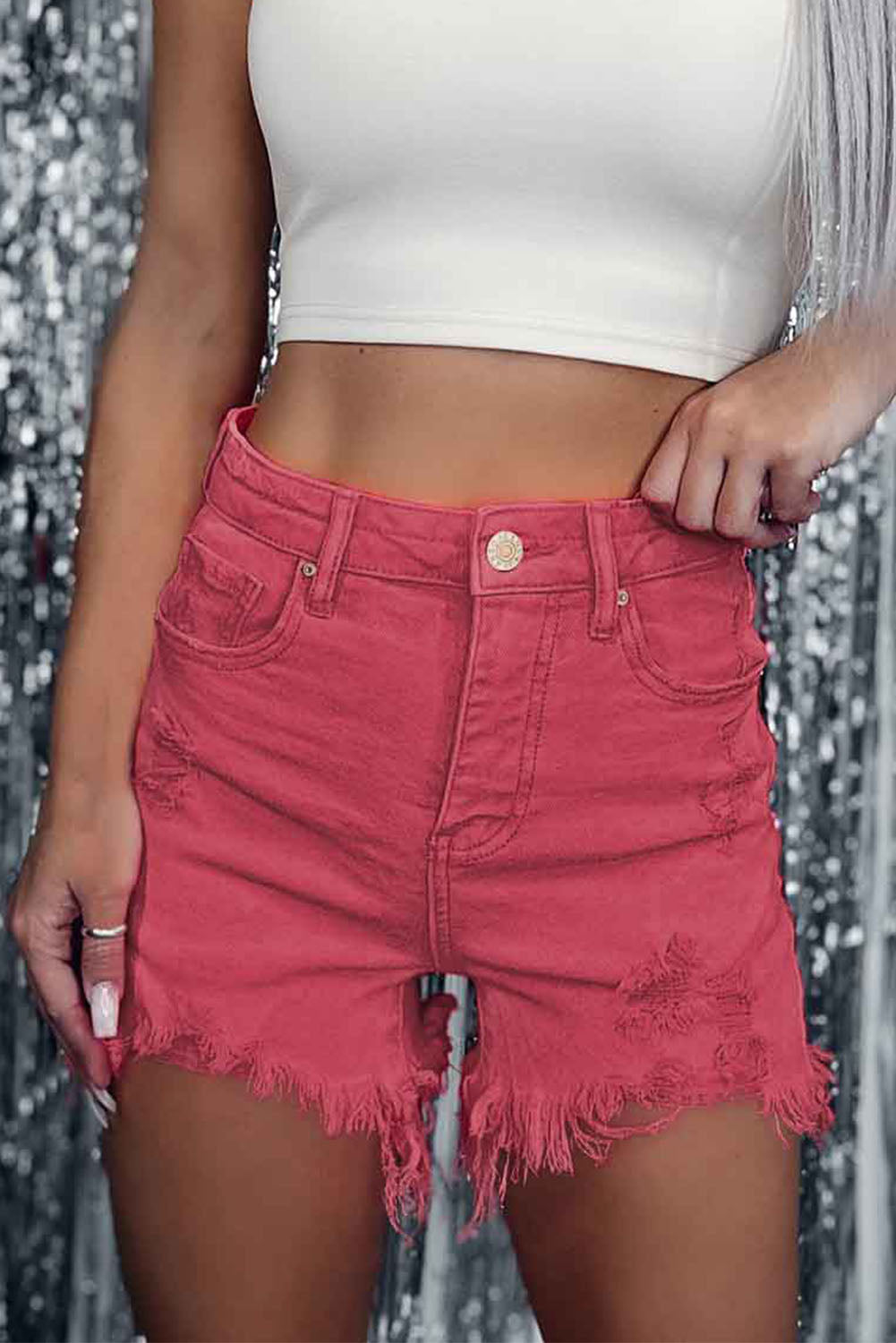 Red Distressed Raw Edge Cutoff Denim Shorts