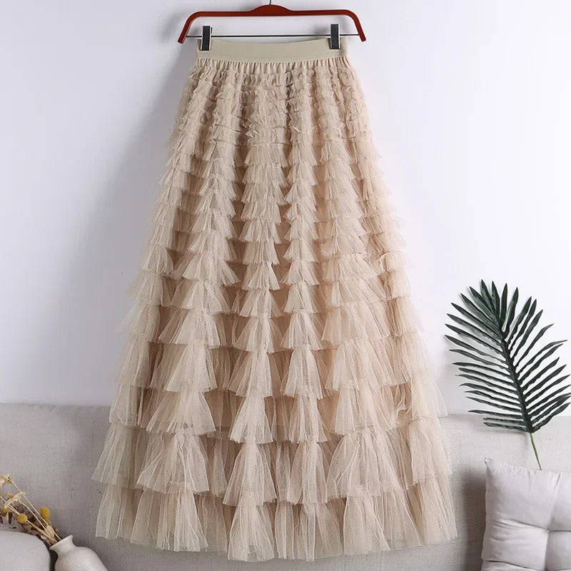 Medium-length Wire Mesh Spliced Cake Skirt 2023 Spring Summer Autumn/winter New Style A- line Long Dress Puffy Dress