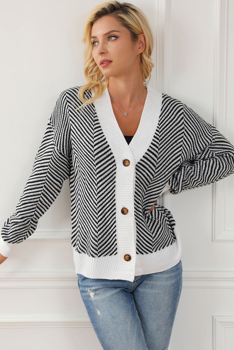 Black Zig Zag Stripe Buttoned Sweater Cardigan