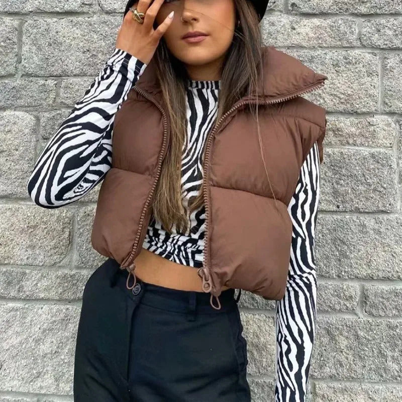 Women Autumn Winter Short Down Vest Stand Collar Warm Casual Elegant Sleeveless Coats Outdoor Quilted Travel Jackets Clothes