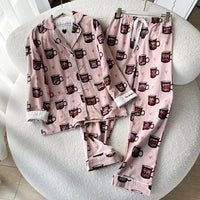 100% Cotton Pajamas for Women Loose Cartoon Long Sleeve Pants Loungewear Women 2 Piece Set Pj Women Outfit Sleepwear Set Pijamas