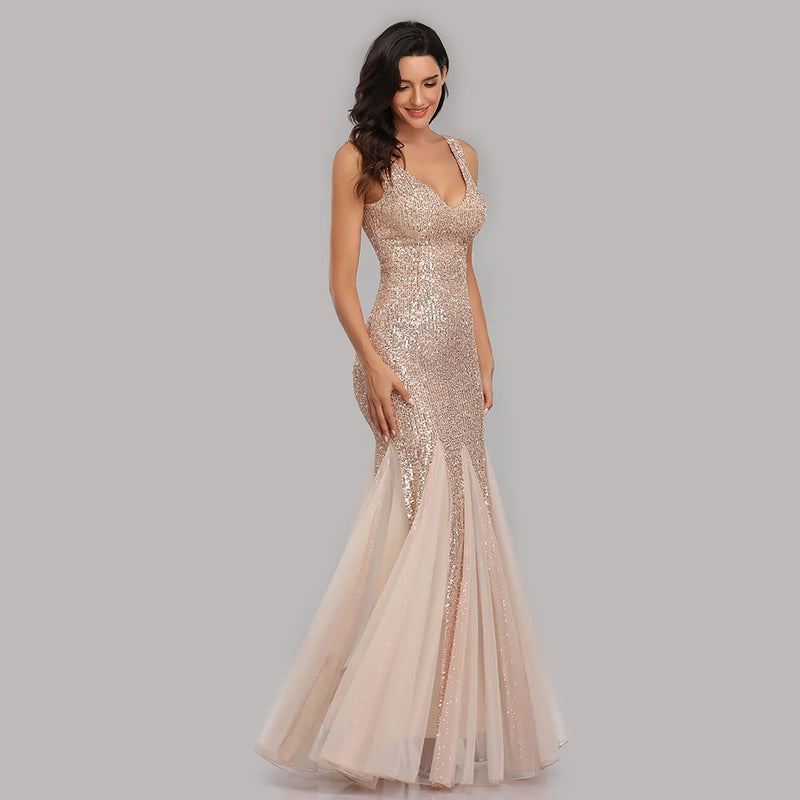 V-Neck Mermaid Dress with Shawl, Long Formal Prom Party Gown, Sequins Sleeveless, Sexy Evening Dress, Plus Size