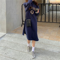 Long Hood Sweater Dress Women Autumn and Winter Fleece-lined Thickened Pullover Small Loose Mid-Length over-the-Knee Dress