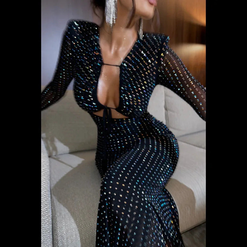 Sexy Cut Out Mesh Long Sleeve Bodycon Maxi Dress Women Glitter Lace Up Party Vestido 2023 Spring Fall Elegant Birthday Clothes