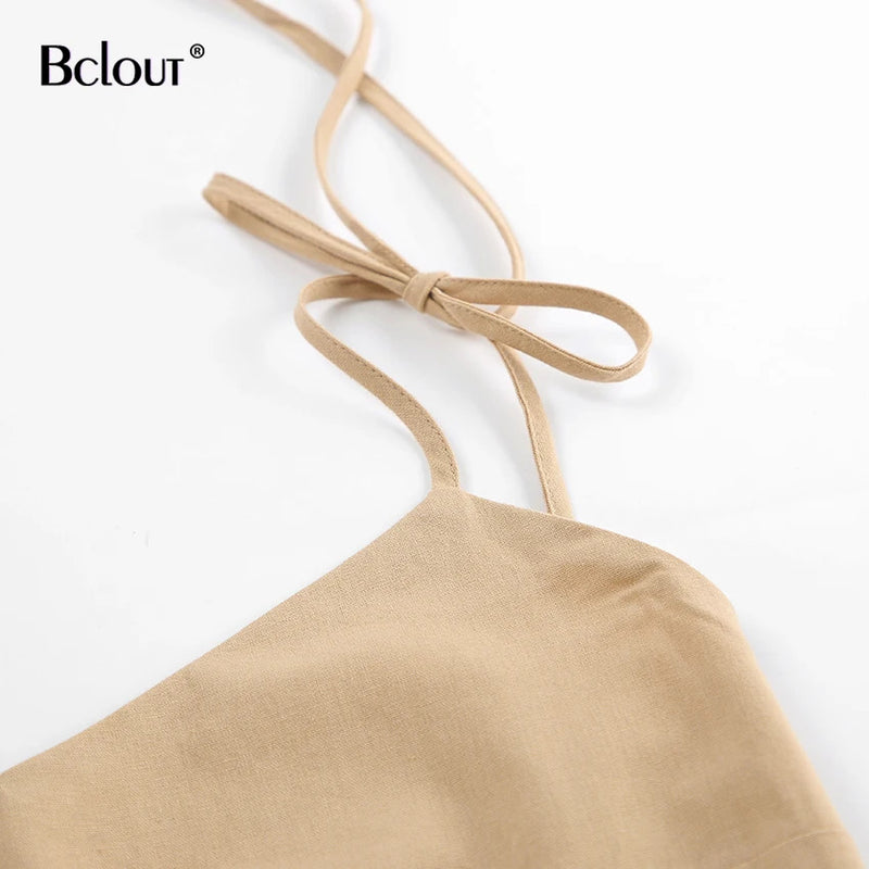 Bclout Fashion Brown Linen Long Dress Women 2024 Elegant Lace-Up Pockets A-Line Dresses Summer Sexy Backless Party Pleated Dress