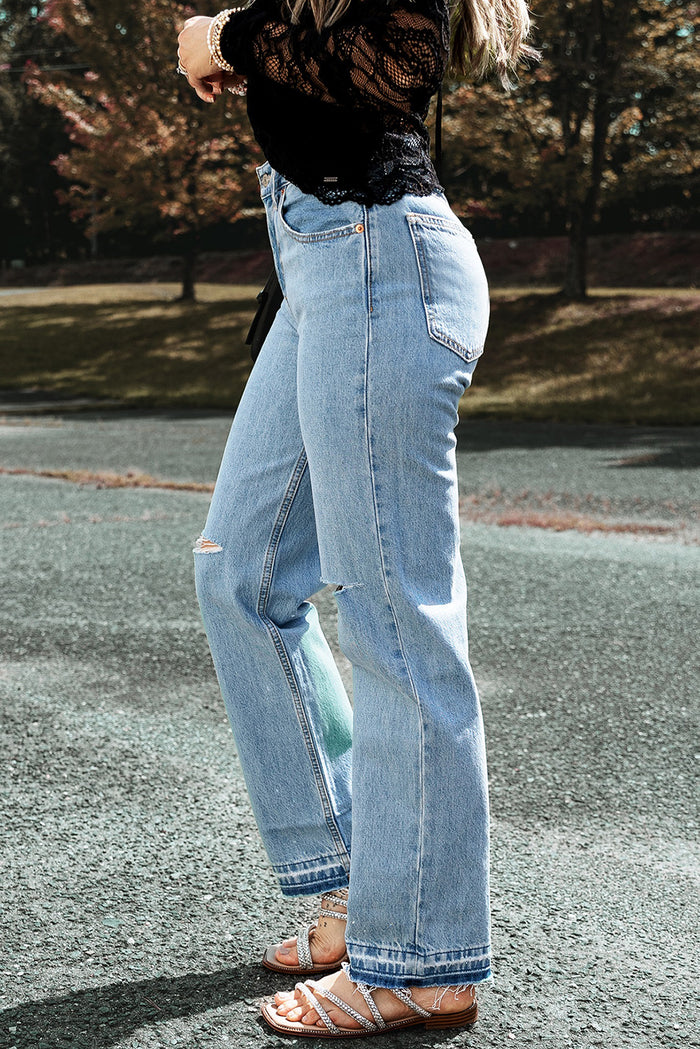 Light Blue Distressed Slit Leg Raw Edge Straight Jeans