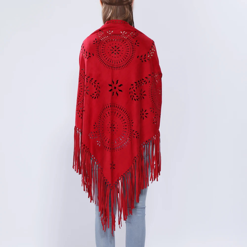 Women's Loose Suede Fringe Open Poncho Cloak Shawl Wrap with Punch Hole Patterns and Graceful Fringes Dropshipping