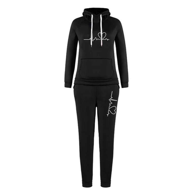 New Fun Heartbeat Line Printed Women's Sweatshirt Suit Hooded Pants Suit Women's Jogging Sweatshirt Two Piece Set