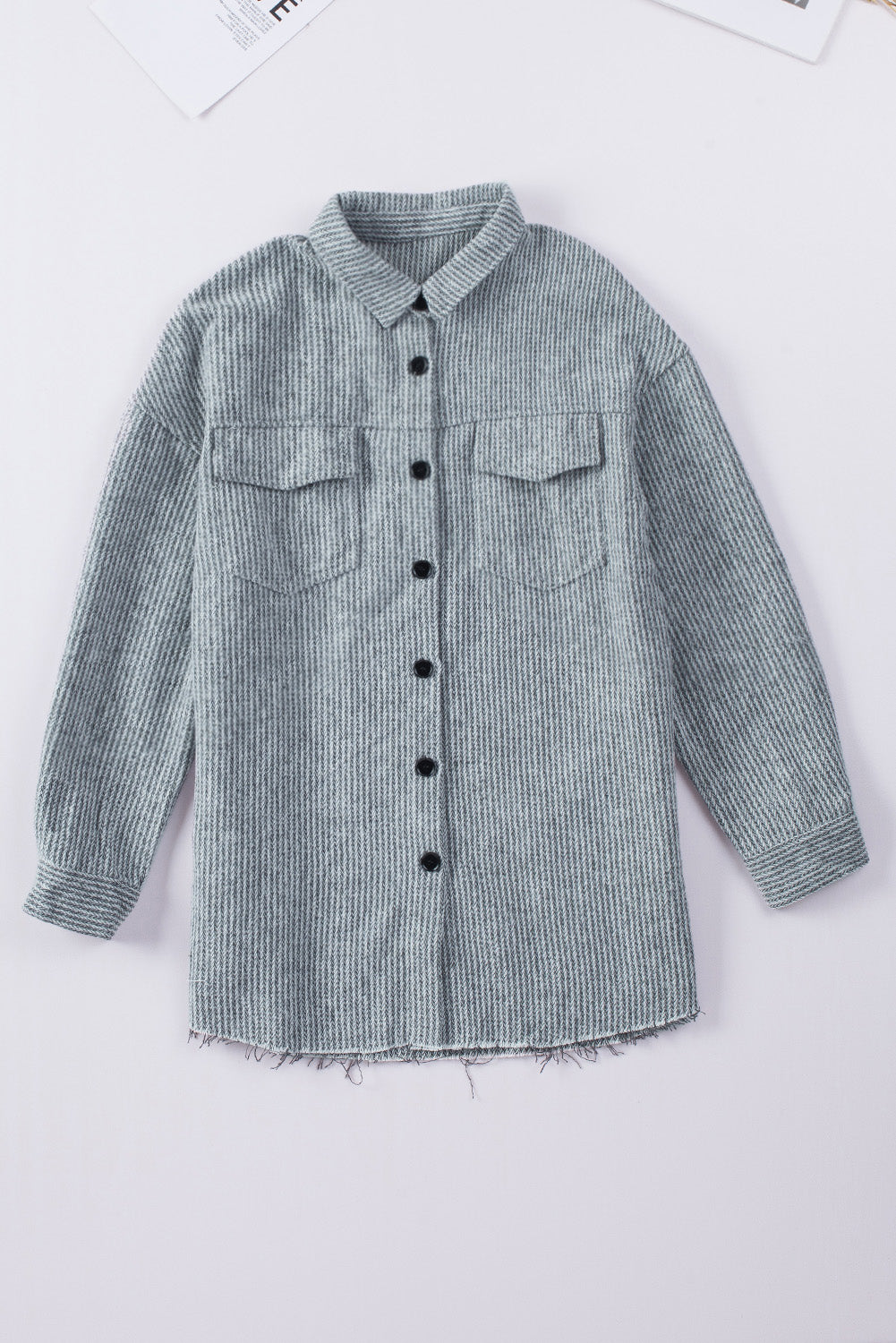 Gray Textured Button Down Shirt Jacket with Pockets