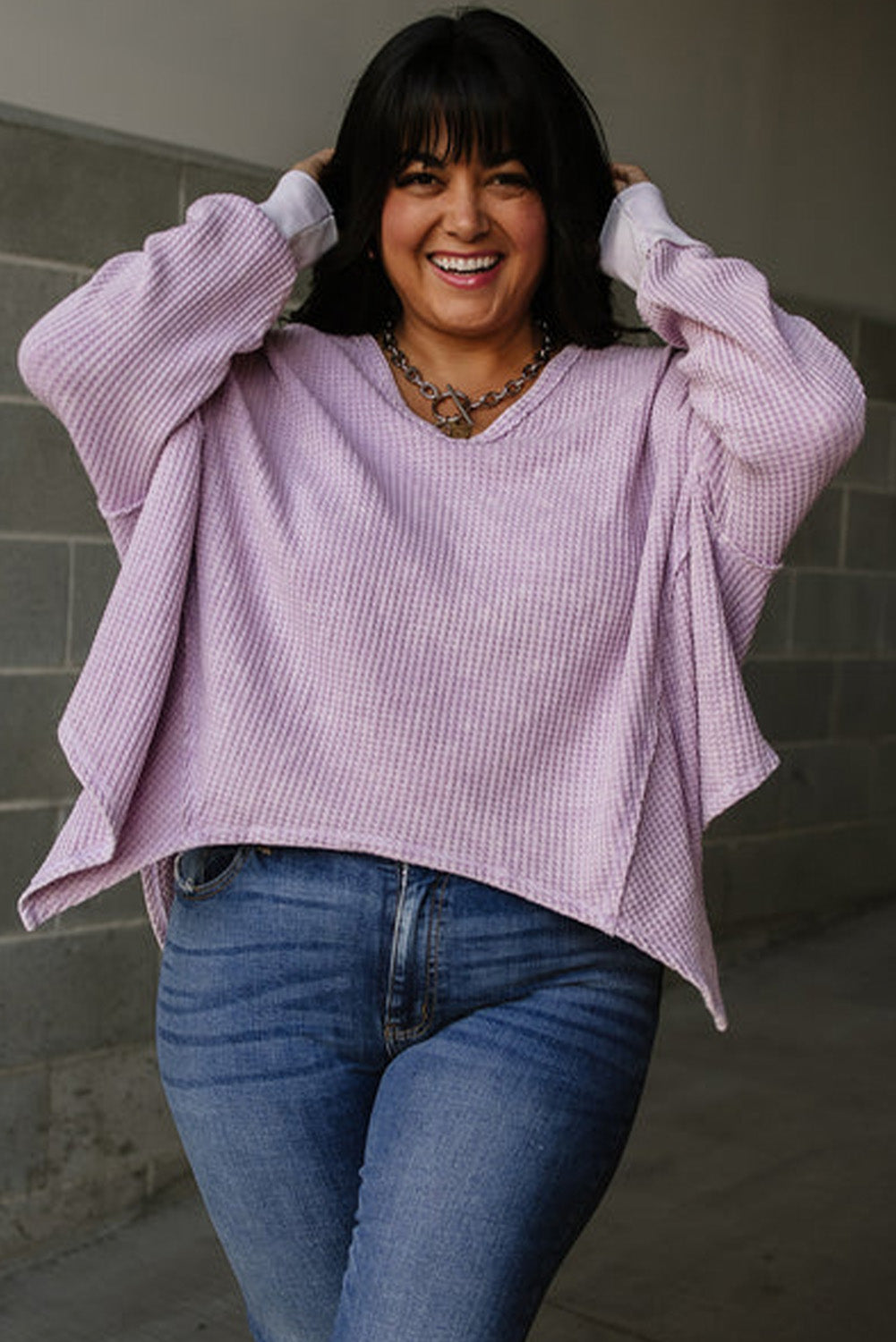 Orchid Petal Plus Size Waffle Knit Exposed Seam Flowy Top