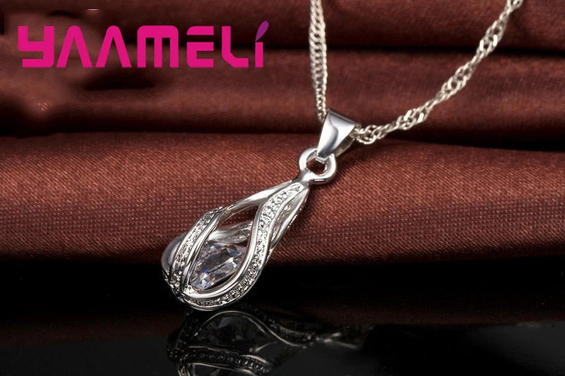 Hot Water Drop CZ 925 Sterling Silver Plated Jewelry Set For Women Pendant Necklace Hoop Earrings Wedding Party Ceremoey Anel