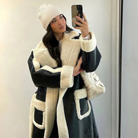 Chic Woman Contrast Lamb Woolen Warm Coat Versatile Loose Lapel Full Sleeve Pockets Long Jacket 2024 New Autumn Street Outerwear