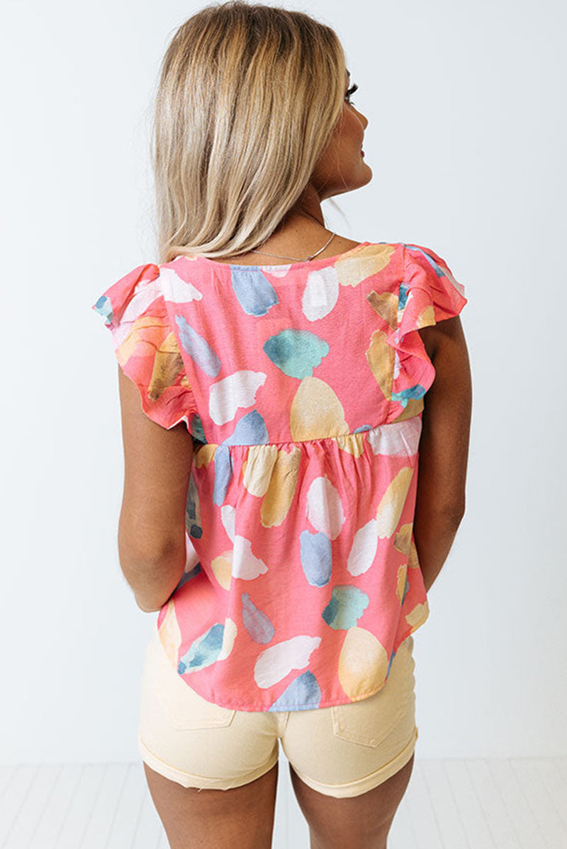 Pink Splotches Pattern Ruffled Cap Sleeve Shift Top