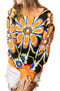 Citrus Ribbed Edge Drop Shoulder Floral Print Sweater