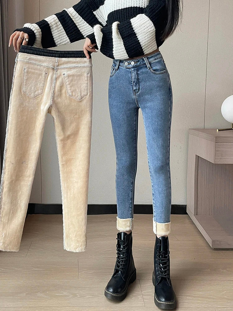 ZOENOVA 2024 Winter Thick Velvet Women Jeans High Waist Skinny Jeans Simple Fleece Warm Slim Stretch Casual Denim Pencil Pants