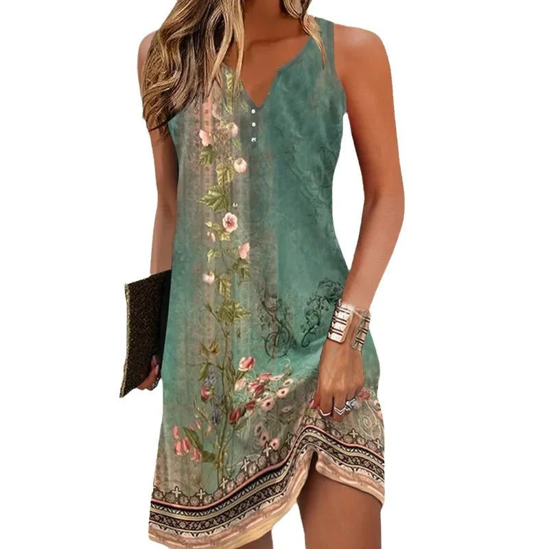 Summer Women's Printed V-Neck Sleeveless Fashion Dress Sexy Flower Mini Dresses Vintage Clothes Vest Ropa Elegant Vestidos 2024