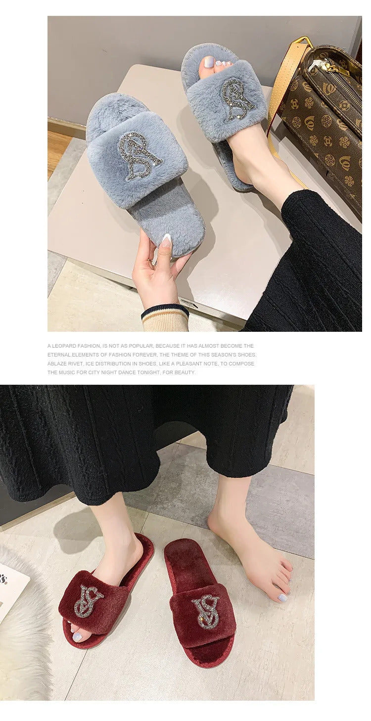 Female Home Cotton Slippers Women Autumn Winter Hairy Warm Footwear Fashion Letter Rhinestones Sandals Woman Casual Flat Shoes