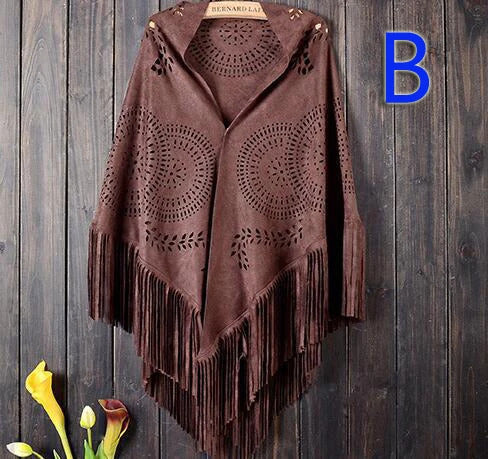 Women's Loose Suede Fringe Open Poncho Cloak Shawl Wrap with Punch Hole Patterns and Graceful Fringes Dropshipping