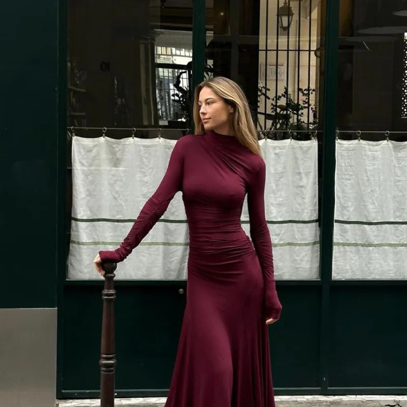 Lady Elegant Burgundy Mock Turtleneck Solid Maxi Dresses Fashion Long Sleeve Slim Hem Party Midi Robe Autumn Evening Dress Women