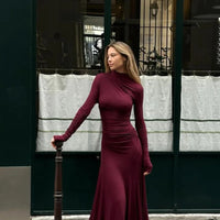 Lady Elegant Burgundy Mock Turtleneck Solid Maxi Dresses Fashion Long Sleeve Slim Hem Party Midi Robe Autumn Evening Dress Women