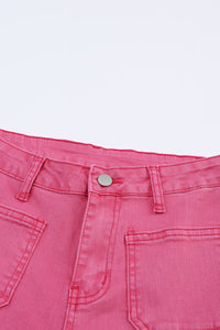 Pink Ankle-length Flare Leg Raw Hem Jeans