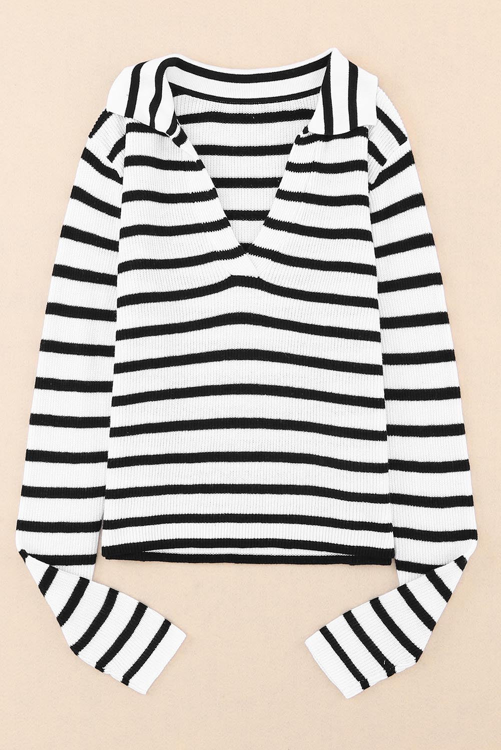 Stripe Collared V Neck Lightweight Knit Casual Sweater