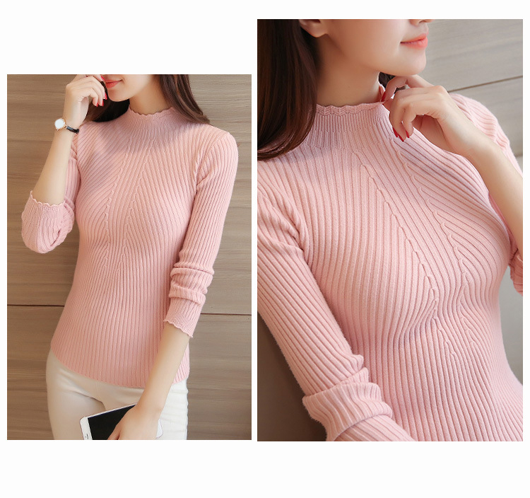 EVNISI Autumn Women Mock Neck Ruffles Sweater Long Sleeve Knitted Bottoming Solid Pullovers Stripe Women Casual Sweater Winter