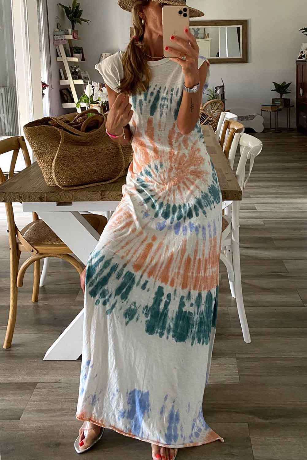 Women's Cap Sleeve Tie Dye Long Slit Summer Dress