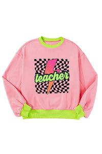 Pink Teacher Lightning Checkered Print Color Block Sweatshirt