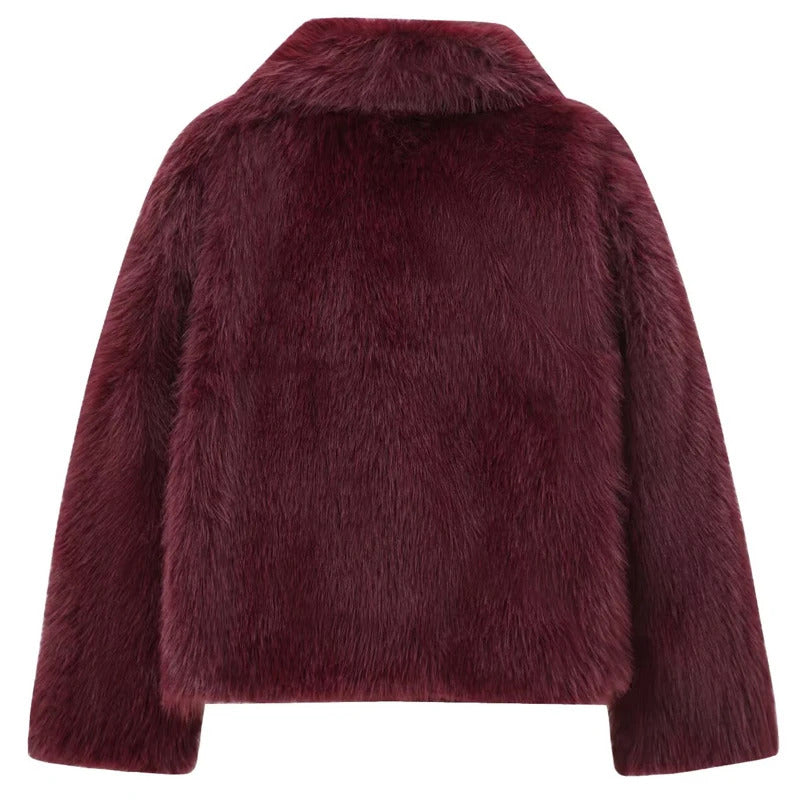 HXAO Women's Fur Coat Women 2024 Plush Burgundy Bomber Jacket Solid Crop Long Sleeve Jacket Warm Winter Coats Woman Casual Coats