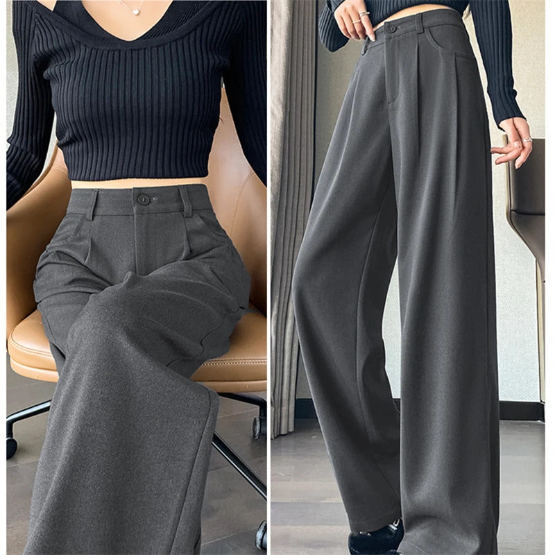 Autumn Winter Woolen Women's Wide Leg Pants 2024 New High Waist Button Korean Solid Vintage Casual Loose Full Trousers Female