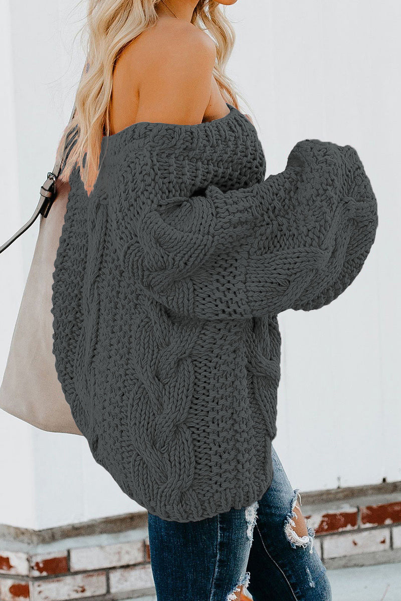 Dark Gray Bubblegum V-Neck Braided Knit Sweater