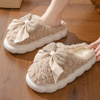 Winter Warm Fur Slippers for Women Cute bow House Non Slip Soft Shoes Comfort Flat Heel Home Indoor Bedroom Plush Slippers