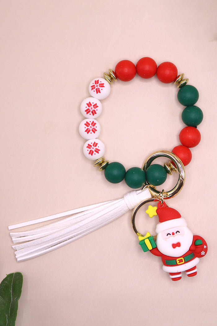 Fiery Red Father Christmas Silicone Bead Tassel Keyring