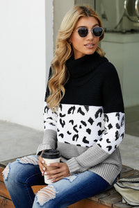 Black Turtleneck Splicing Chunky Knit Pullover Sweater