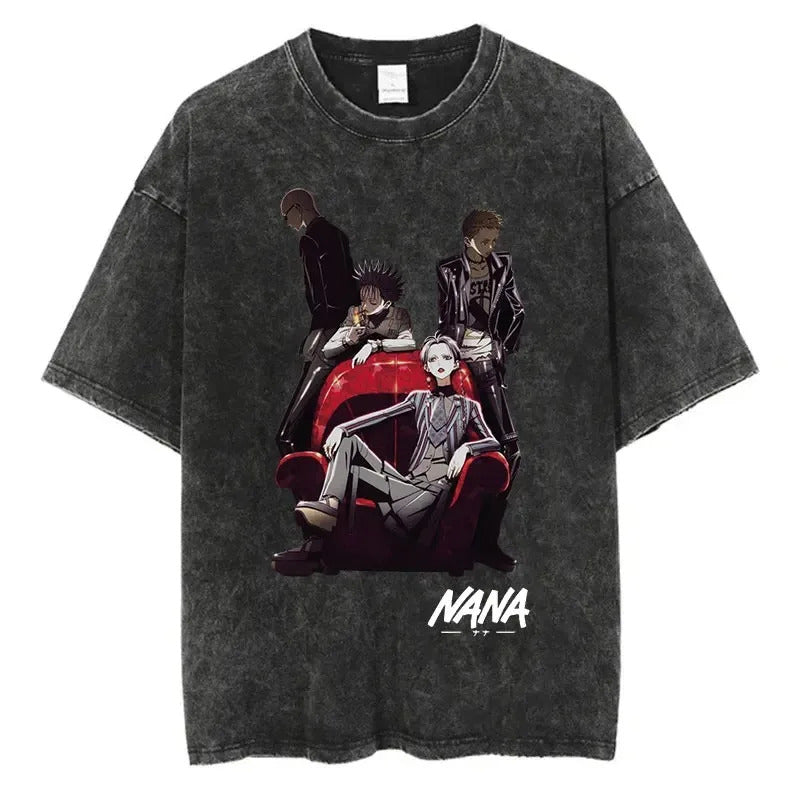 Japanese Anime Nana Osaki Print Retro Washed Plus Size T-shirt Harajuku Streetwear Graphic T-shirt Short-sleeved Cotton T-shirt