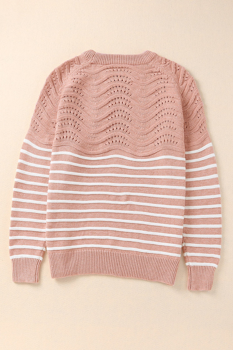 Pink Striped Textured Long Sleeve Knit Sweater