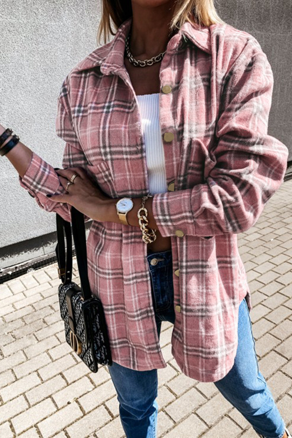 Black Plaid Pattern Buttoned Shirt Coat with Slits