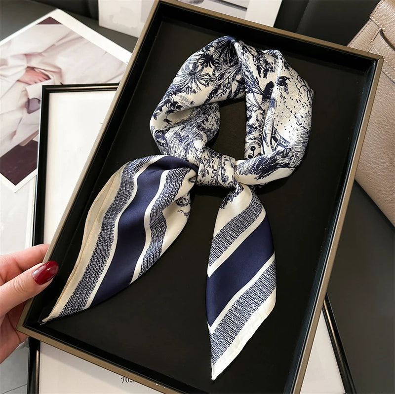 Luxury 2024 Silk Print Hair Scarf Women Floral Kerchief Neck Tie Hand Wrist Foulard Shawl Wraps Head Hijab Bandana Echarpe