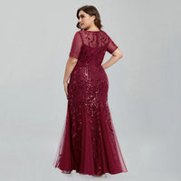 Women Plus Size Sequin Mesh Embroidery Mermaid  Evening Dress Formal Short Sleeve Elegant Party Prom Gowns 2020 New Long Dress