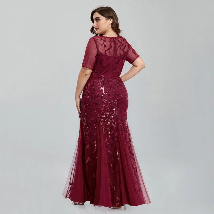 Women Plus Size Sequin Mesh Embroidery Mermaid  Evening Dress Formal Short Sleeve Elegant Party Prom Gowns 2020 New Long Dress